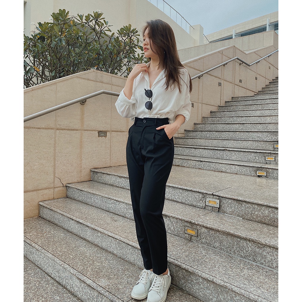 Quần tây nữ baggy LUCETFASHION đen kem cao cấp