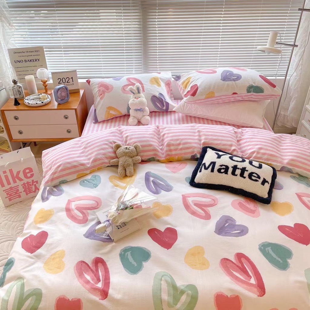 Bộ chăn ga gối Cotton poly Decor Bedding Tim mộng mơ, vỏ chăn mền, drap nệm và 2 vỏ gối