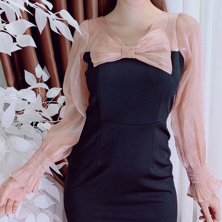 Đầm body dự tiệc tay dài voan phối nơ ngực dễ thương đẹp 2023