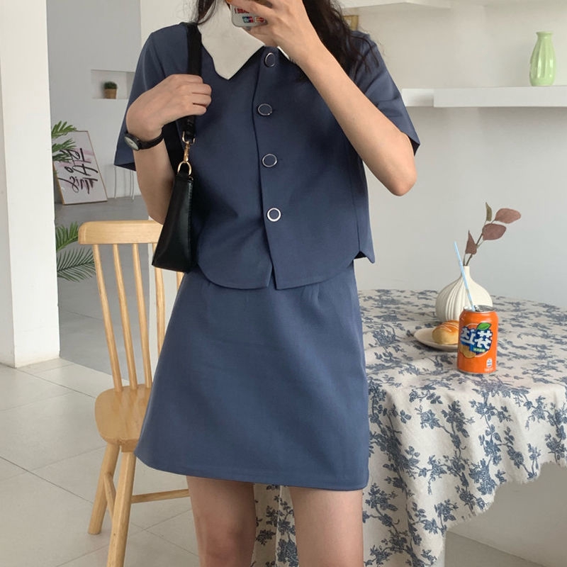 Bộ áo sơ mi lửng tay ngắn + chân váy lưng cao thời trang mùa hè cho nữ | BigBuy360 - bigbuy360.vn