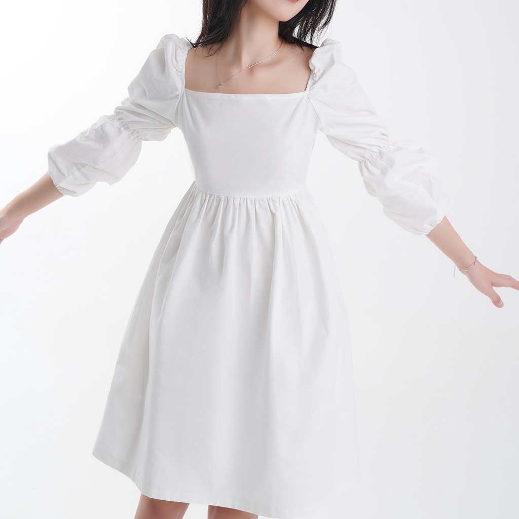 Váy Dạo Phố HARRIET DAISY Trắng Tay Bồng, Hở Lưng Thắt Nơ Nữ Tính