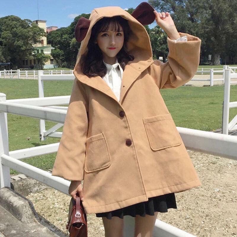 Áo Khoác Dạ Tại Gấu 2 Lớp Siêu Dày Mịn