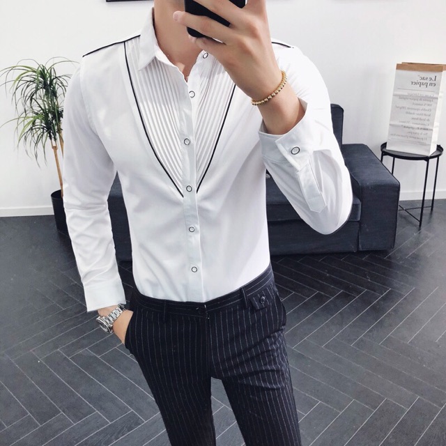 Sơ mi nam body ngực chữ V síp ly