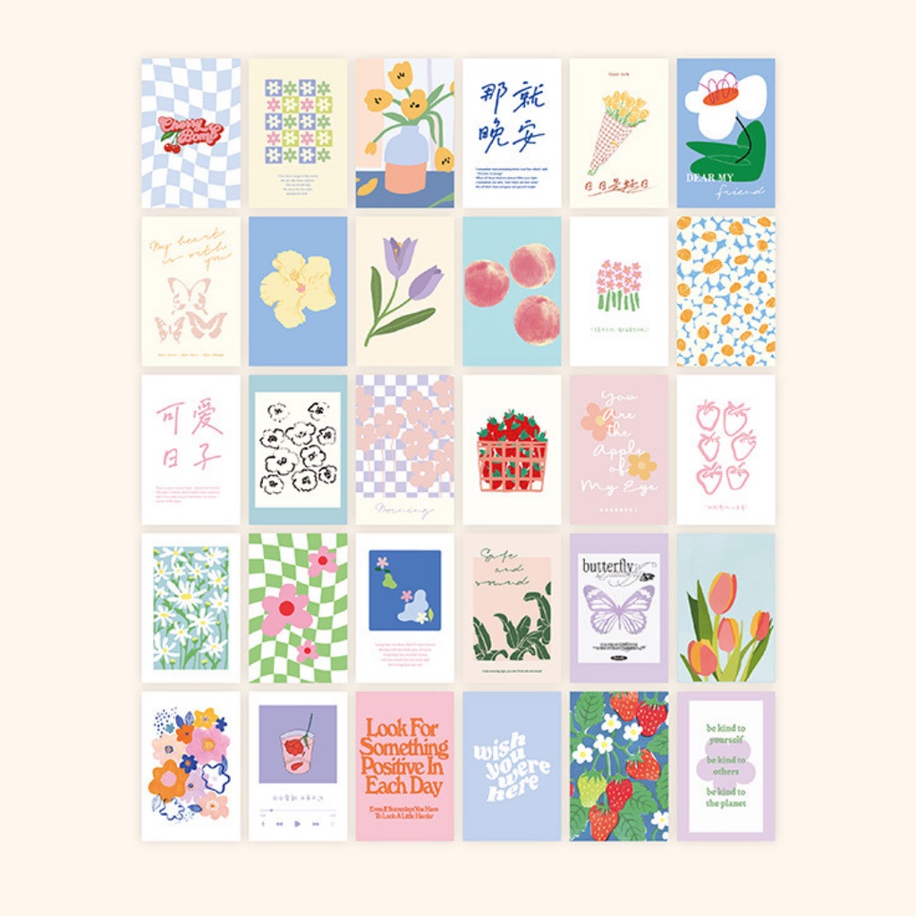Set 30 Postcard Cute Creative Flowers Dán Tường Trang Trí Phòng/ Bàn Học