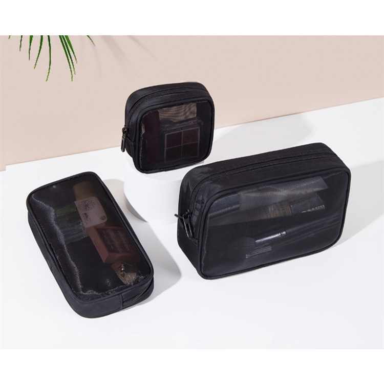 Túi Lưới Polyester Đựng Mỹ Phẩm / Đồ Trang Điểm Màu Đen Có Tay Cầm Trong Suốt Ốp