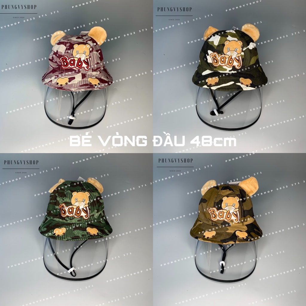 (Bé dưới 18 tháng/ Vòng đầu 48cm) Mũ CHỐNG GIỌT BẮN cho bé trai bé gái - BẠN GẤU ĐI LÍNH- Nón cản bụi
