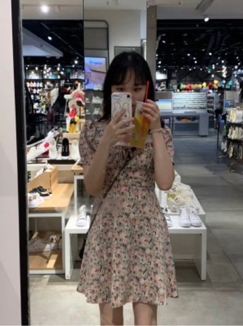 [VD069] Đầm hoa đỏ tay phồng cổ ren (có ảnh thật)