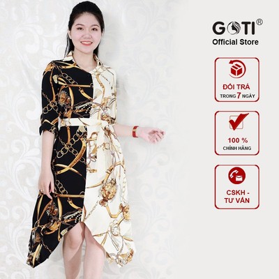 GOTI - Đầm Sơ Mi Công Sở Nữ Cao Cấp Dáng Dài, Tay Lỡ Phối Màu Cao Cấp 3125