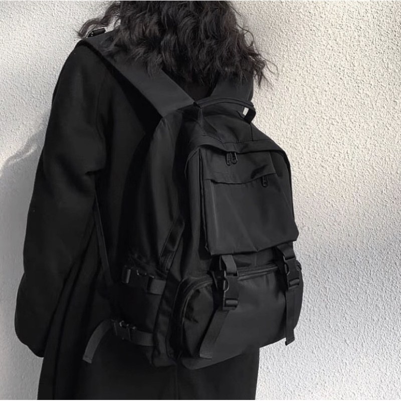 All Black Straps Backpack - Balo màu đen phong cách ulzzang streetwear