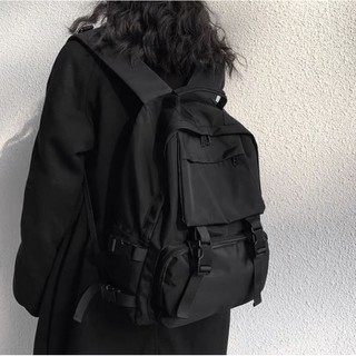 All Black Straps Backpack - Balo đi học, đi làm màu đen phong cách Hàn Quốc siêu rẻ