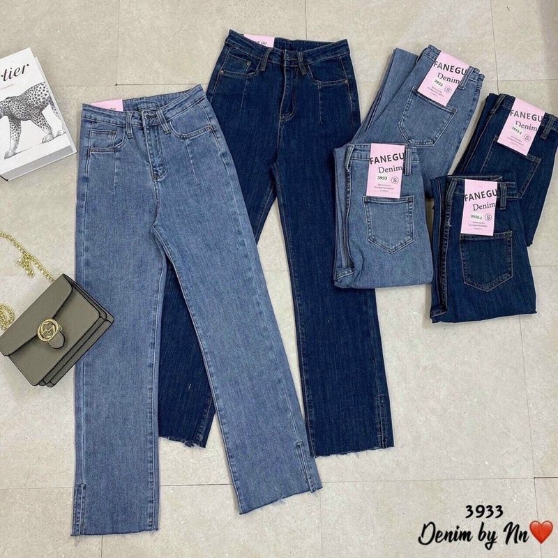 Quần jeans ống đứng xẻ gấu co dãn cạp cao lên phom chuẩn đẹp