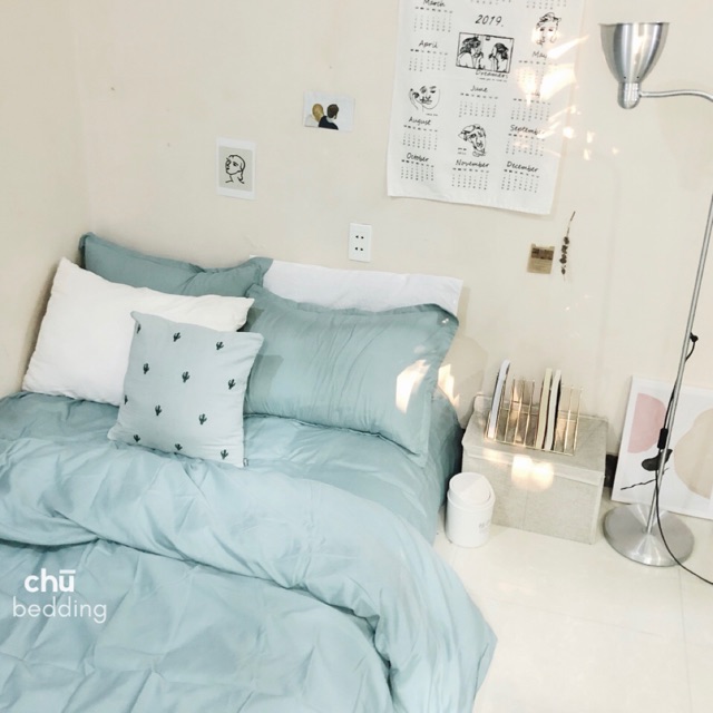 Bộ chăn ga gối poly cotton xanh mint