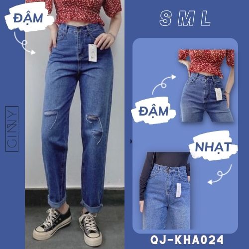 Quần Baggy Nữ Hack Dáng KHA-024 | Quần Baggy Jean Cạp Cao | Vải Jean Wash xịn | GinHouseShop