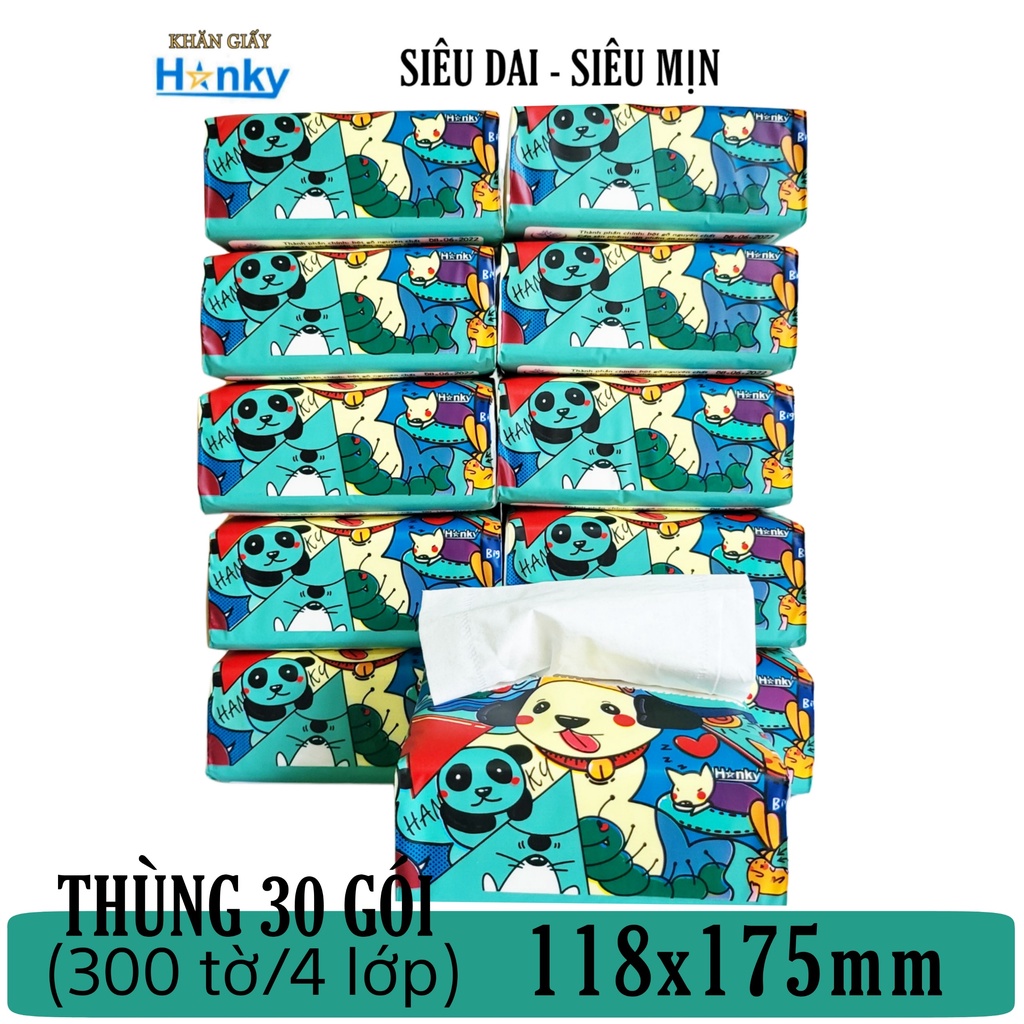 Giấy ăn gấu trúc Hanky thùng 30 gói 300 tờ/gói 4 lớp siêu dai mềm mại an toàn với da bé,thùng 30 gói .