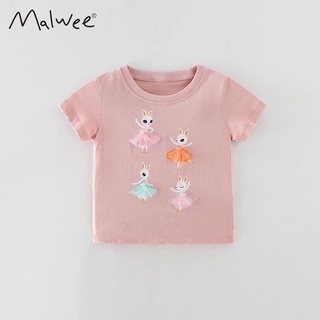 Áo bé gái Malwee áo thun cotton hồng thỏ ren trắng