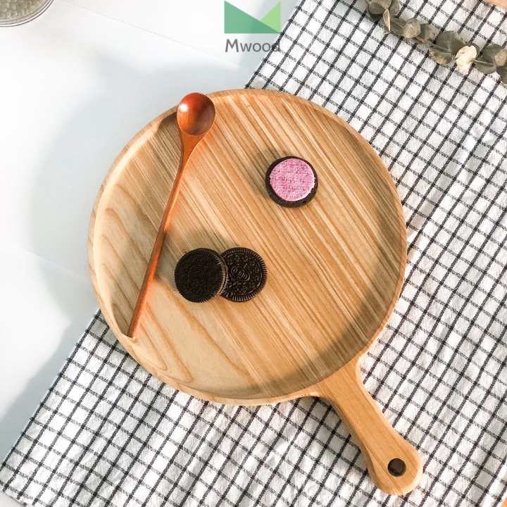 Khay gỗ decor tròn có tay cầm, khay gỗ tròn đựng đồ ăn hình tròn nhiều kích thước