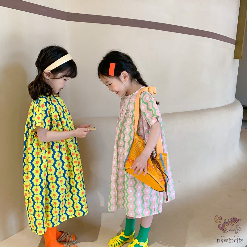 Đầm Tay Ngắn In Hoa Cho Bé Gái