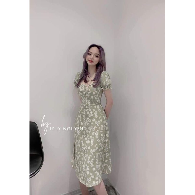 Đầm xòe tay ngắn xẻ tà họa tiết hoa cúc họa mi
