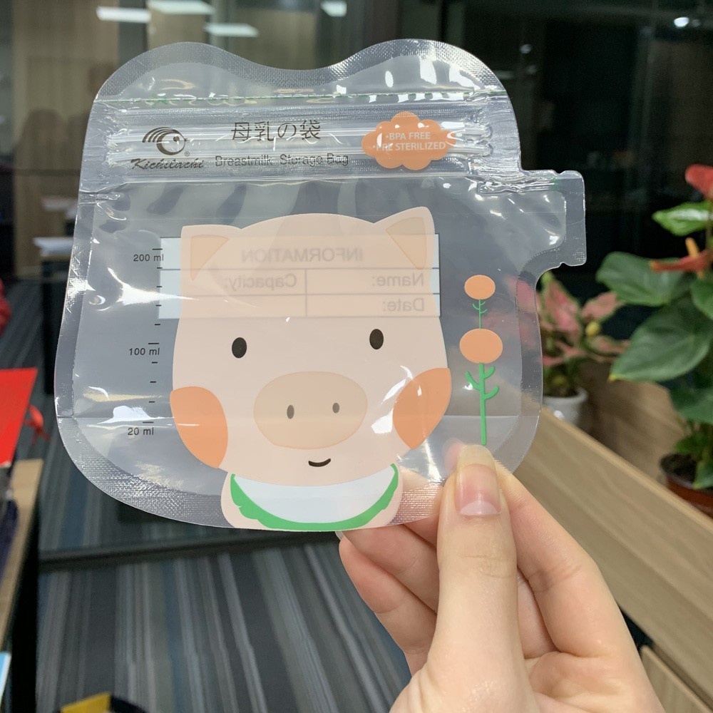 Hộp 30 Túi trữ sữa CẢM BIẾN NHIỆT Kichilachi 200ml có vòi rót tiện lợi hình chú heo con