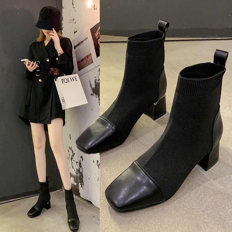 Boots len ulzzang cổ ngắn gót vuông tráng bạc cao 7cm