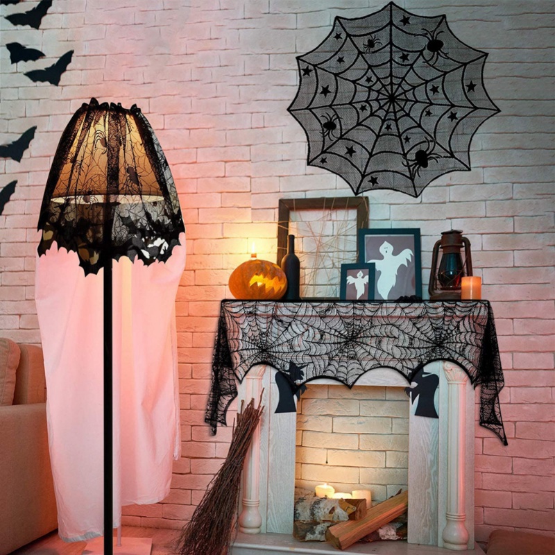 Khăn Trải Bàn Tròn 40 &quot;Màu Đen In Hình Mạng Nhện Phối Ren Chống Tràn Có Thể Giặt Rửa Trang Trí Tiệc Halloween