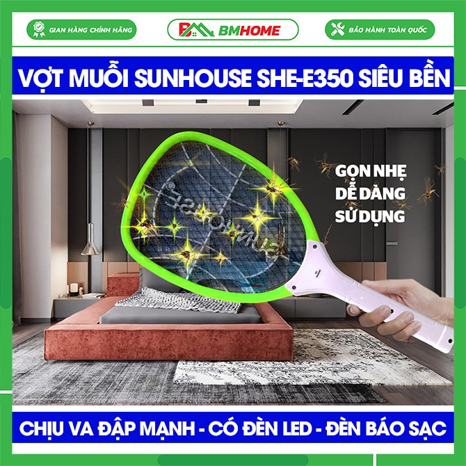 Vợt muỗi Sunhouse SHE-E350 màu xanh, vợt muỗi Sunhouse E350 tích hợp đèn báo sạc tiện dụng, chịu va đập mạnh, cực bền