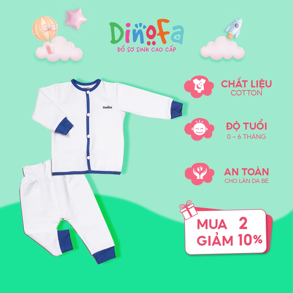 Set quần áo sơ sinh DINOFA, Bộ quần áo sơ sinh dài tay 0-6m cúc chéo, màu trắng viền xanh than, thấm hút tốt_B10