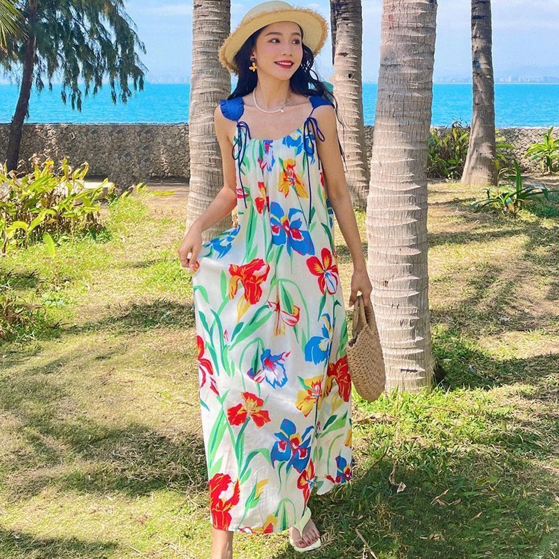 Đầm midi Hai Dây Dáng Dài Vải satin In Hoa Thời Trang Mùa Hè