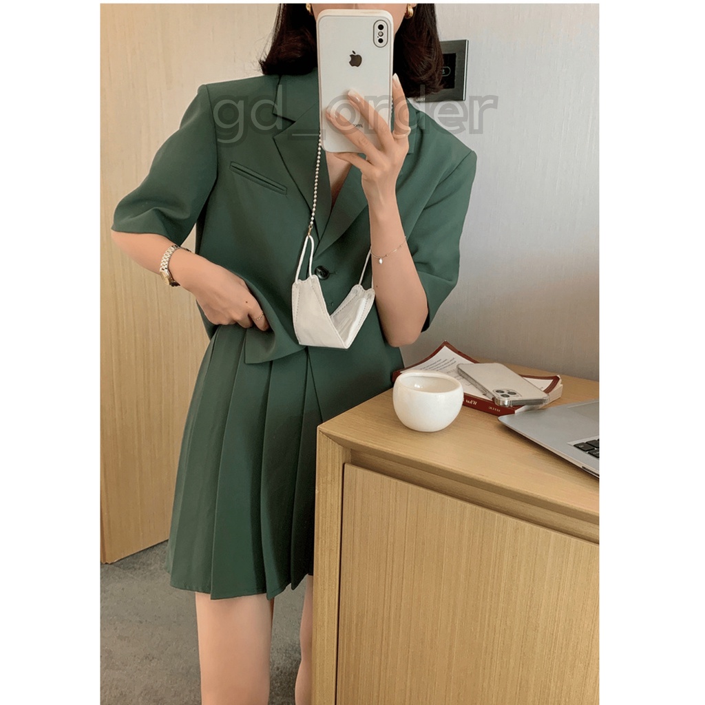 B53|Set bộ vest áo khoác ngắn tay, váy xếp ly cạp cao nhẹ nhàng màu vàng, xanh, nâu gd_order