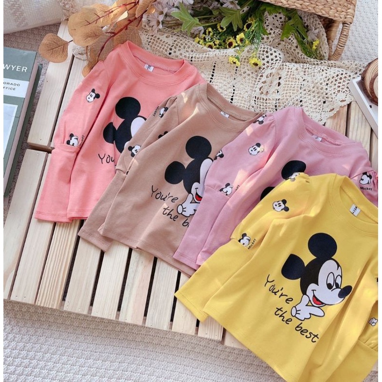 Bộ bé gái thu đông tay bồng chất cotton co dãn mịn đẹp in micky