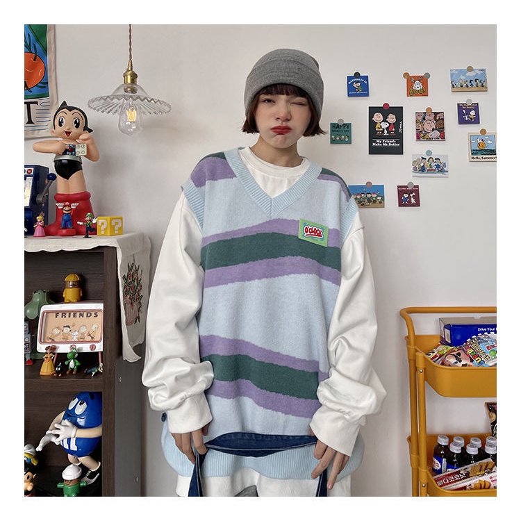 Thời Trang Áo Len Dệt Kim Không Tay Dáng Rộng Phối Màu Tương Phản Phong Cách Hàn Quốc