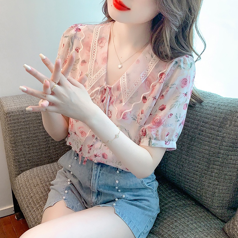 Áo Sơ Mi Voan Ngắn Tay Thắt Nơ In Họa Tiết Hoa Ngọt Ngào Thời Trang Mùa Hè