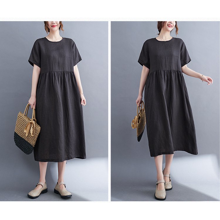 Đầm suông nữ dáng babydoll form rộng đơn giản vải đũi mát thời trang phong cách Nhật Bản