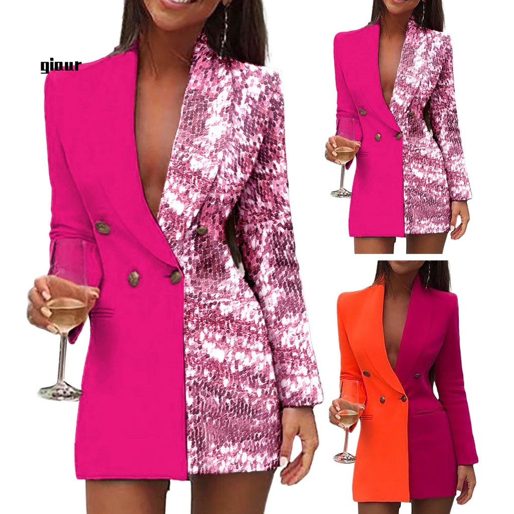 Giaurz Áo Khoác Blazer Đính Kim Sa Lấp Lánh Hai Hàng Nút Màu Sắc Tương Phản Ấm Áp