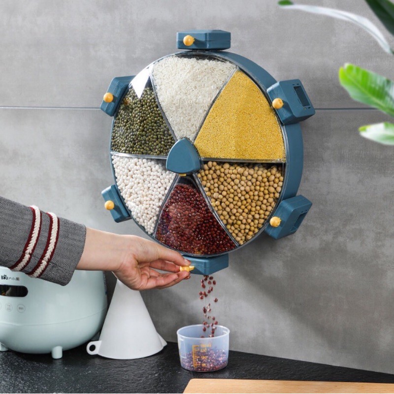 Hộp đựng ngũ cốc, gia vị treo tường 6 ngăn xoay tròn có nút ấn tiện lợi