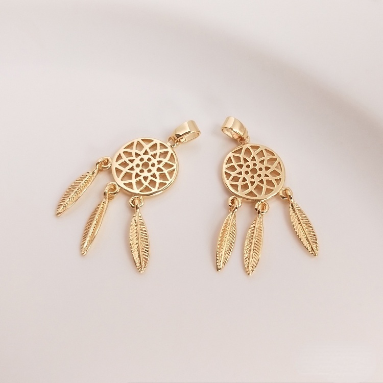 [little Blu] Mặt Dây Chuyền Hình Bông Hoa Lông Vũ Phối Tua Rua Bằng Đồng 14K Màu Vàng Đồng Cao Cấp Làm Mặt Dây Chuyền Phong Cách Mori