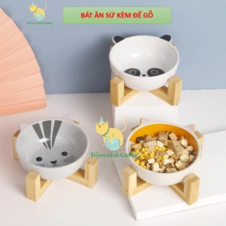 Bát sứ kèm đế gỗ cao cấp cho chó mèo- chén ăn chống gù