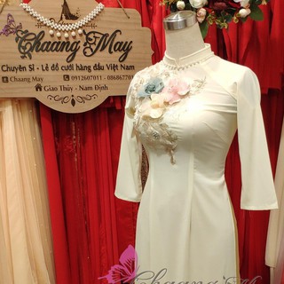 Áo dài màu da hoa 3D CHAANG May sẵn Áo dài chất lụa Nhật màu kem trẻ trung