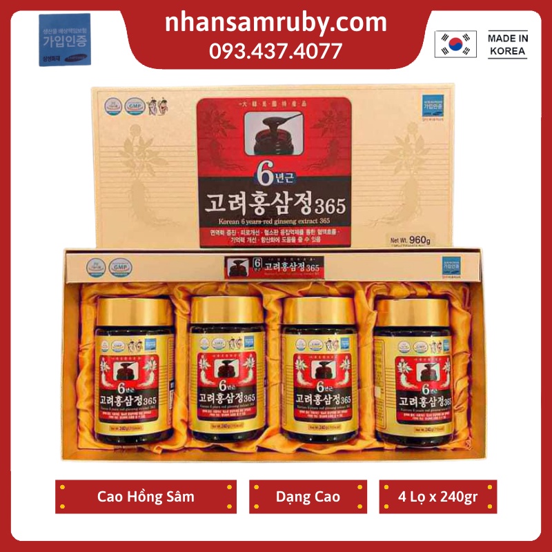 CAO HỒNG SÂM 365 HÀN QUỐC CHÍNH HÃNG, HỘP 4 LỌ x 240Gr