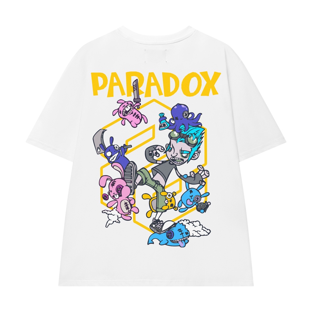 Áo thun tay lỡ basic Paradox form rộng -nam nữ Unisex - In hình - CARTOON FIGHTING - Màu trắng