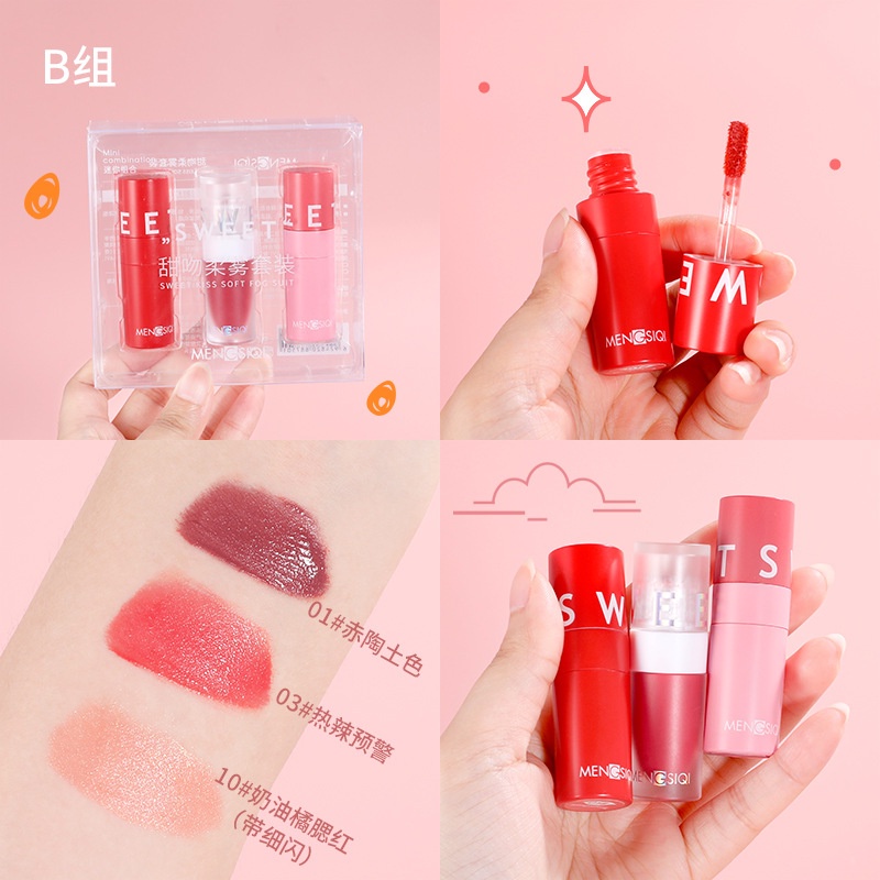 3Pcs Sweet Soft Mist Lip Gloss Set Long-Lasting Moisturizing Lip Glaze Gift Box Set