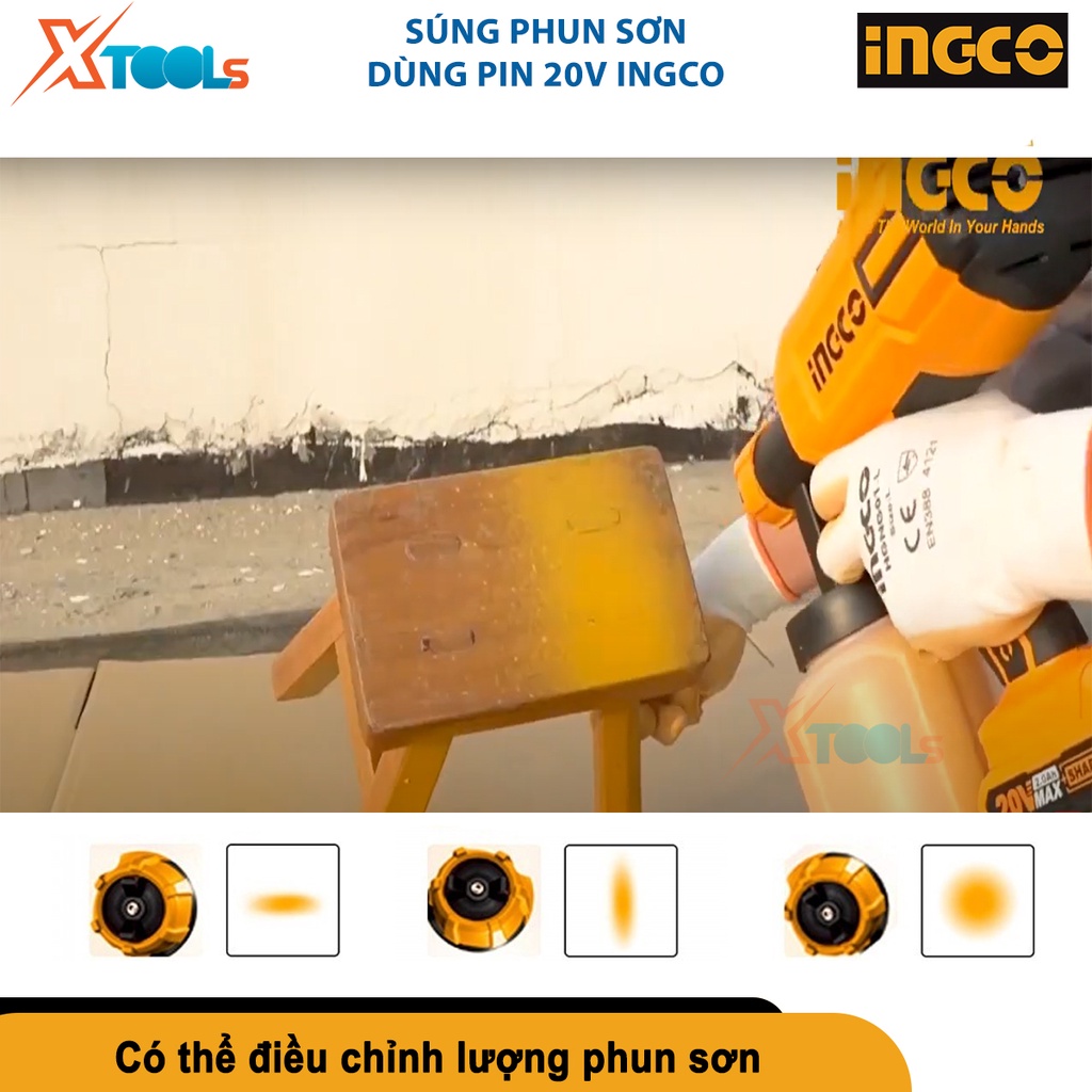 Máy phun sơn dùng PIN 20V INGCO CSGLI2003 Lưu lượng phun 800ml/p bình chứa 800ml chỉnh được gốc phun sơn bền bỉ