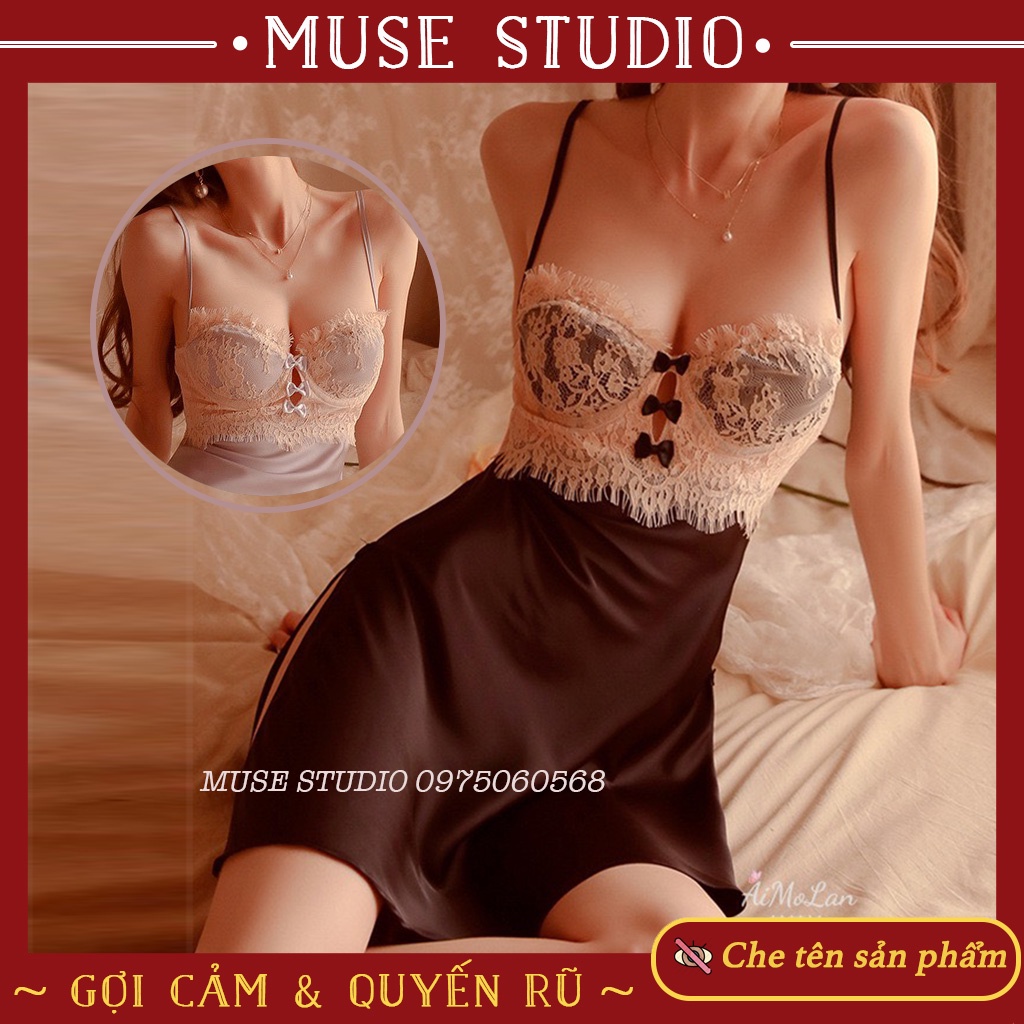 Váy ngủ sexy, đầm ngủ gợi cảm có gọng nâng ngực xẻ hai bên đùi vải satin hàng cao cấp