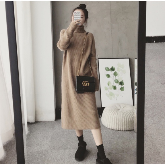 Váy len dáng suông 4 màu gân to-Đầm suông len tay dài chất dày hàng Quảng Châu