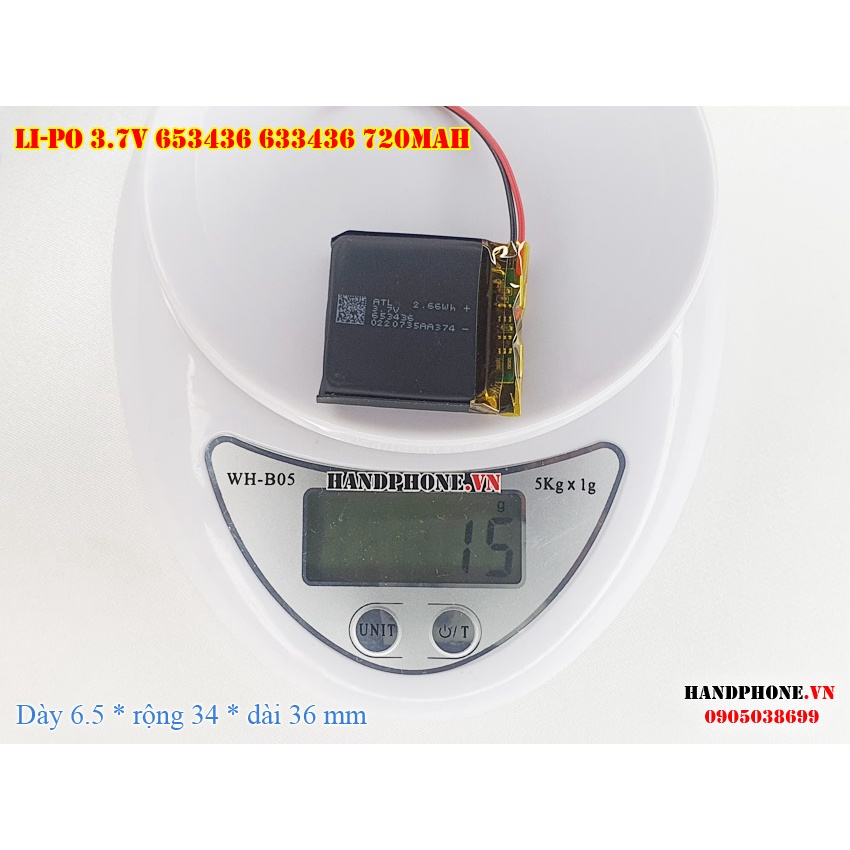 Pin Li-Po 3.7V 720mAh 653436 633436 (Lithium Polymer) cho Smartwatch, Đồng Hồ Thông Minh, Điện thoại, Camera Hành Trình