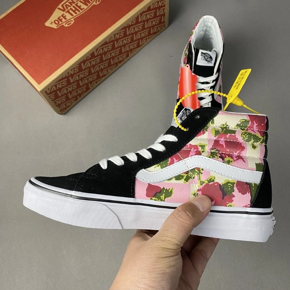 VANS Giày Thể Thao Canvas Cổ Cao Thêu Hoa Hồng Thời Trang Cho Cặp Đôi