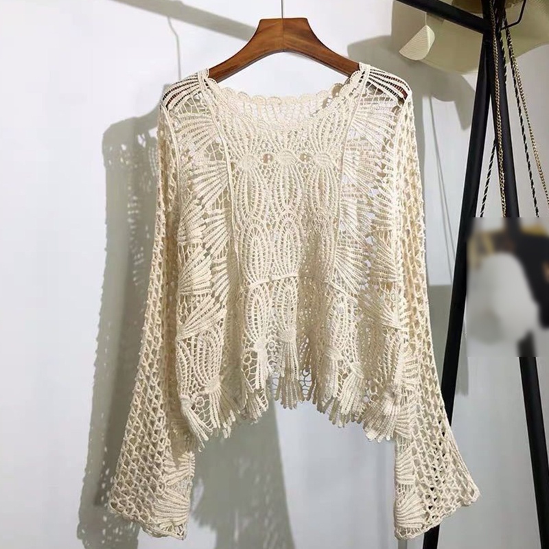 Áo Croptop Dệt Kim Phối Ren Hoa Tay Dài Ống Loe Che Phủ Lỗ Thời Trang Mùa Hè Cho Nữ