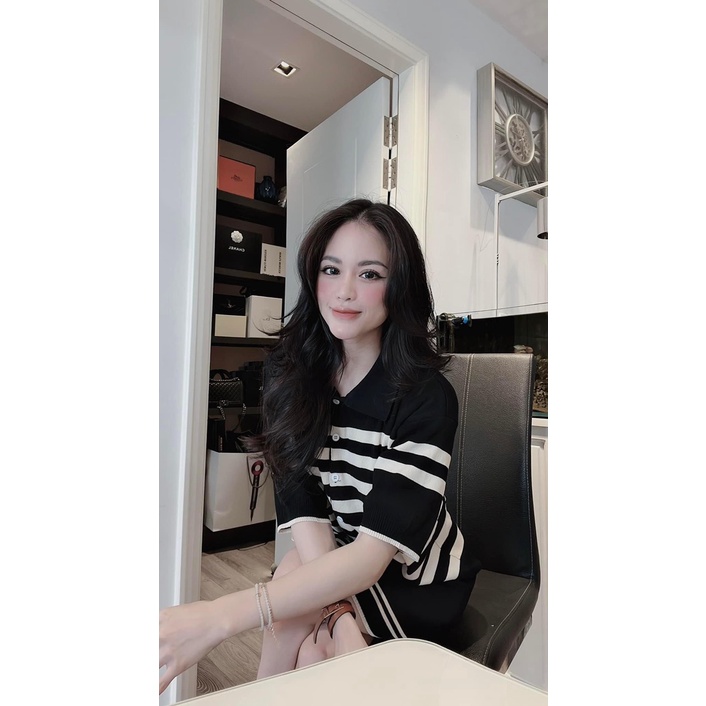 Váy nữ, Đầm len kẻ polo dáng suông nữ, tay lỡ, bổ khuy ngực, chất bao đẹp hàng Quảng Châu loại 1