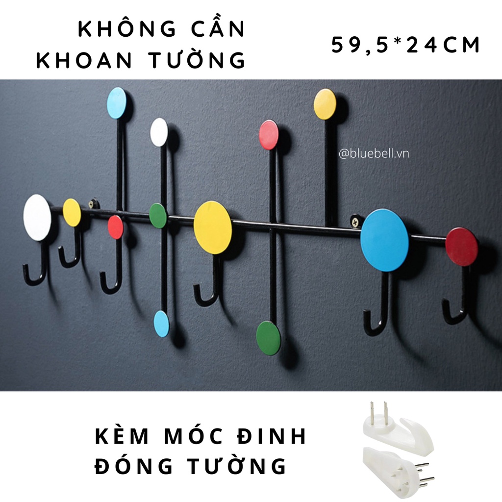 Móc Treo Quần Áo Gắn Tường Không Khoan Chịu Lực Bằng Sắt, Thanh Treo Đồ Dùng Dán Tủ Hình Chấm Tròn BlueBell
