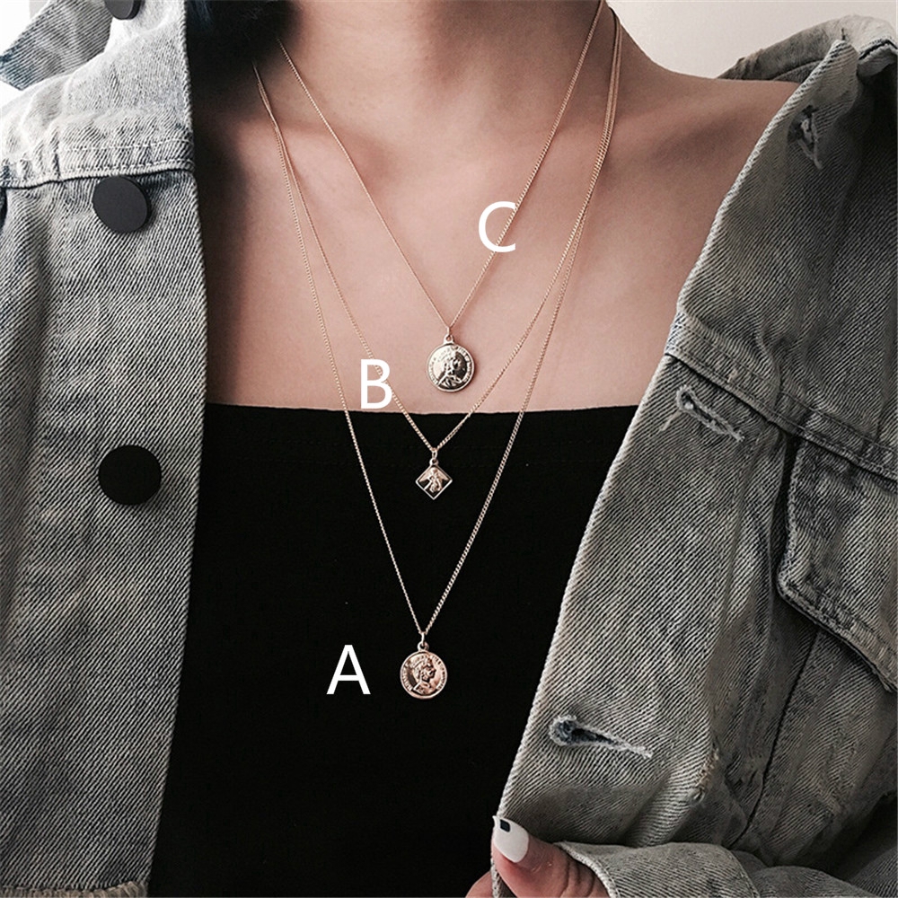 Dây chuyền kim loại nhiều lớp phối 3 kiểu mặt phong cách retro cho nữ